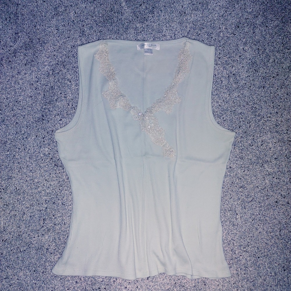 August Silk Options Light Green Ribbed Cotton Lace Beaded V-Neck Tank Top XL